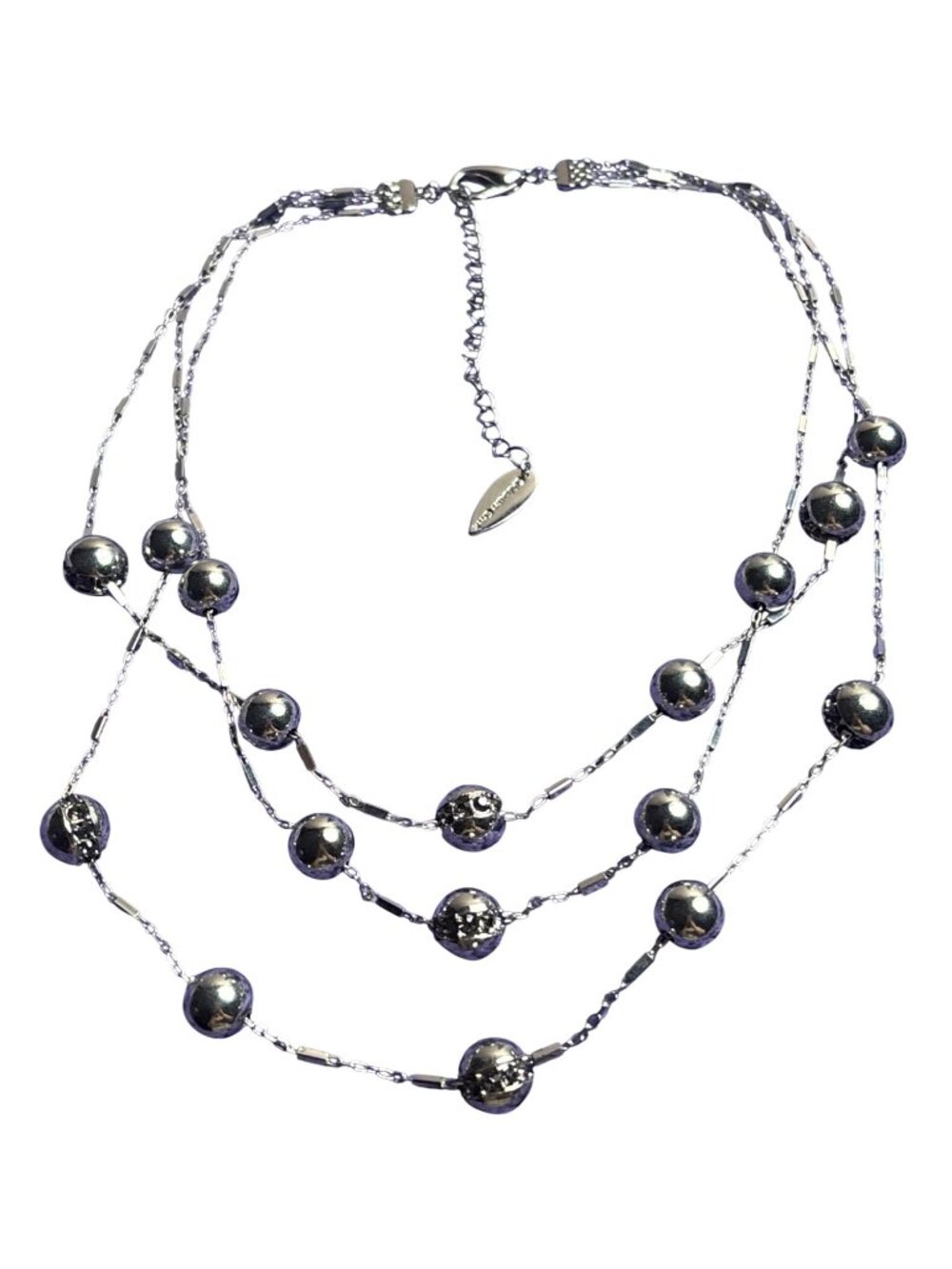 Coldwater Creek Silvertone 3 Strand Necklace Station Beaded Grey Rhinestones
